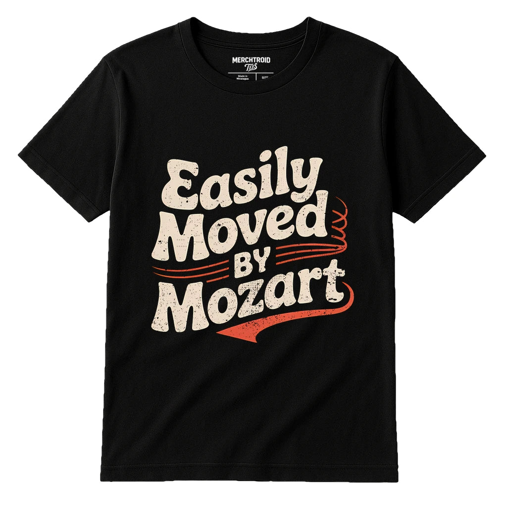 Black Classical Music Shirts - "Easily Moved By Mozart" graphic tee with cream print, flat lay product photo