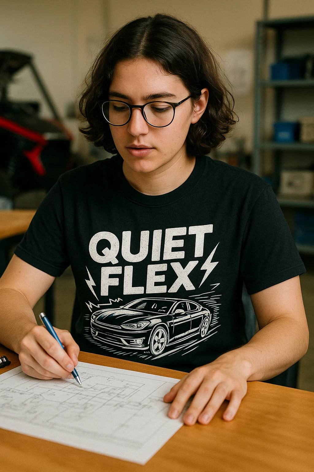 "Quiet Flex" black electric car shirts, photographed as gifts for electric car lovers