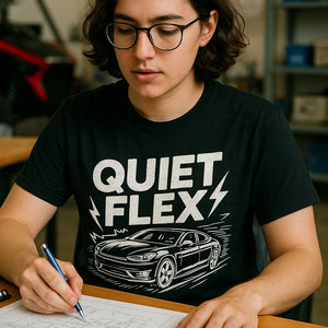 "Quiet Flex" black electric car shirts, photographed as gifts for electric car lovers