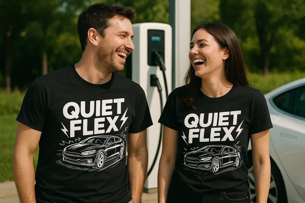 Person wearing the black electric car shirts graphic tee - "Quiet Flex" design
