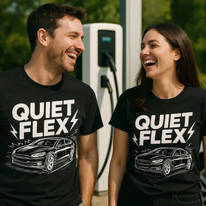 Person wearing the black electric car shirts graphic tee - "Quiet Flex" design
