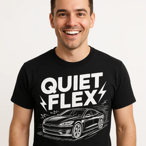 Close-up of the "Quiet Flex" white print on a premium Bella+Canvas black electric car shirts