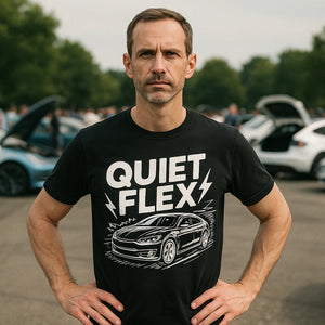 Lifestyle shot of the "Quiet Flex" black electric car shirts in a real-world setting