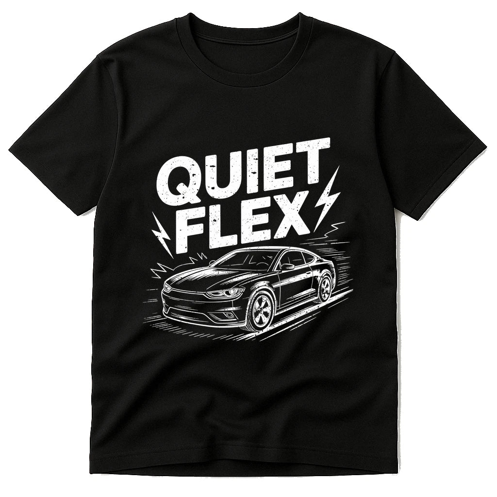 Black Electric Car Shirts - "Quiet Flex" graphic tee with white print, flat lay product photo