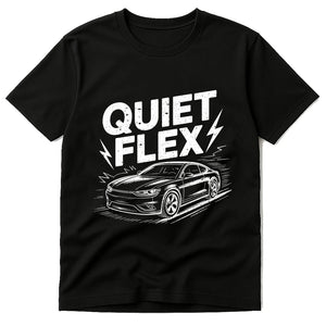 Black Electric Car Shirts - "Quiet Flex" graphic tee with white print, flat lay product photo