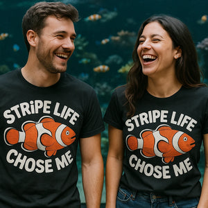 Person wearing the black clownfish t shirt graphic tee - "Stripe Life Chose Me" design