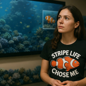 Lifestyle shot of the "Stripe Life Chose Me" black clownfish t shirt in a real-world setting