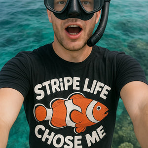 "Stripe Life Chose Me" black clownfish t shirt, photographed as clownfish lover gift