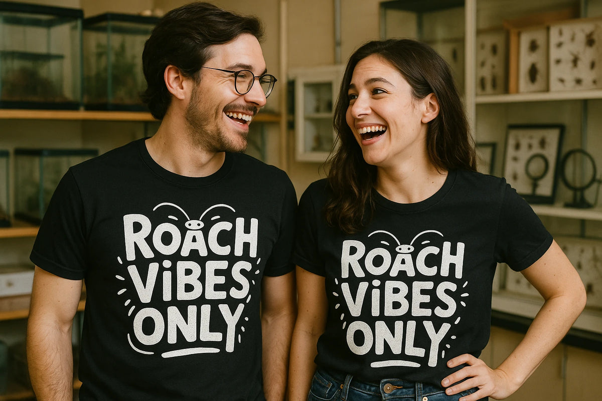 Person wearing the black cockroaches t shirt graphic tee - "Roach Vibes Only" design