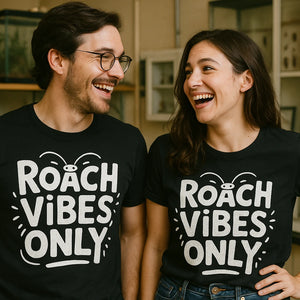 Person wearing the black cockroaches t shirt graphic tee - "Roach Vibes Only" design