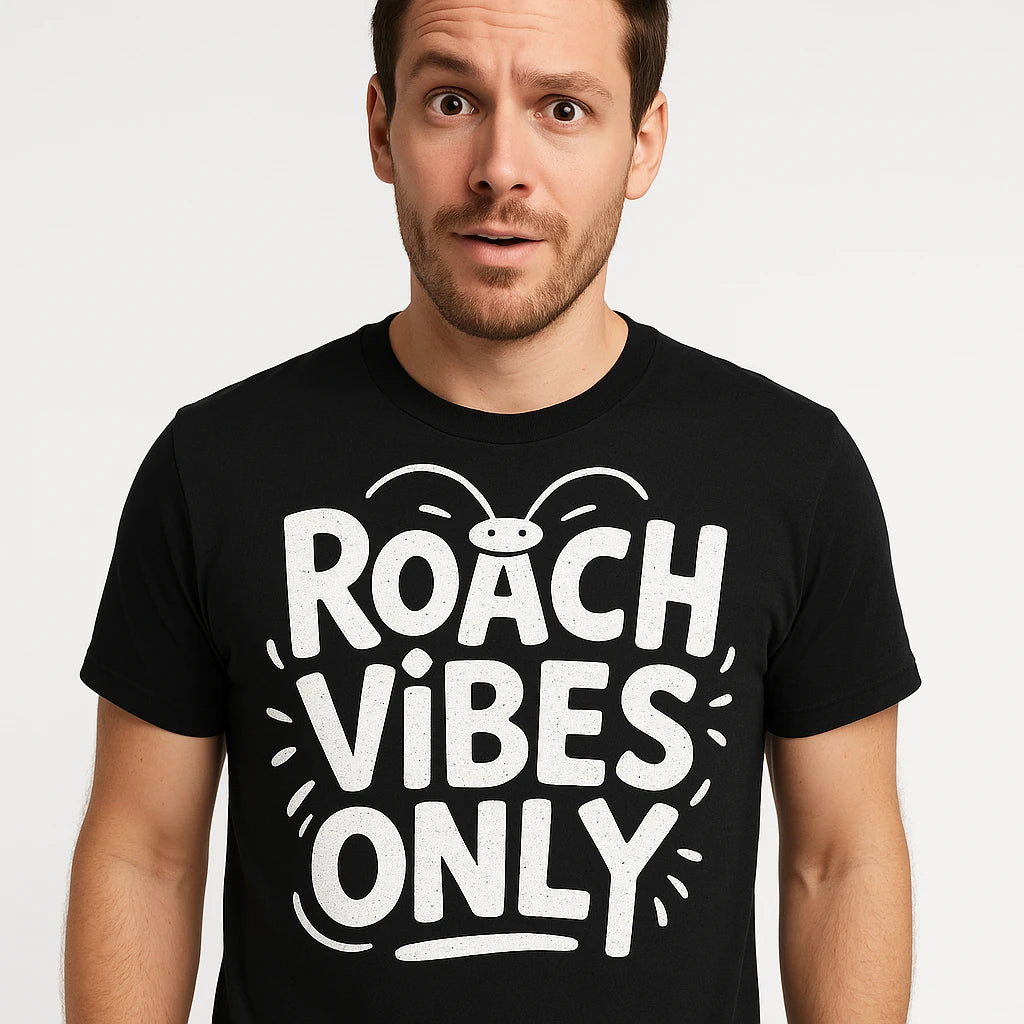 Close-up of the "Roach Vibes Only" white print on a premium Bella+Canvas black cockroaches t shirt
