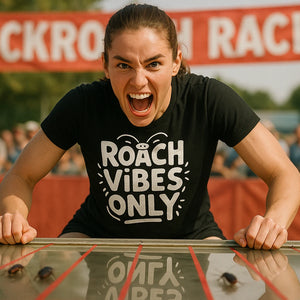 Lifestyle shot of the "Roach Vibes Only" black cockroaches t shirt in a real-world setting