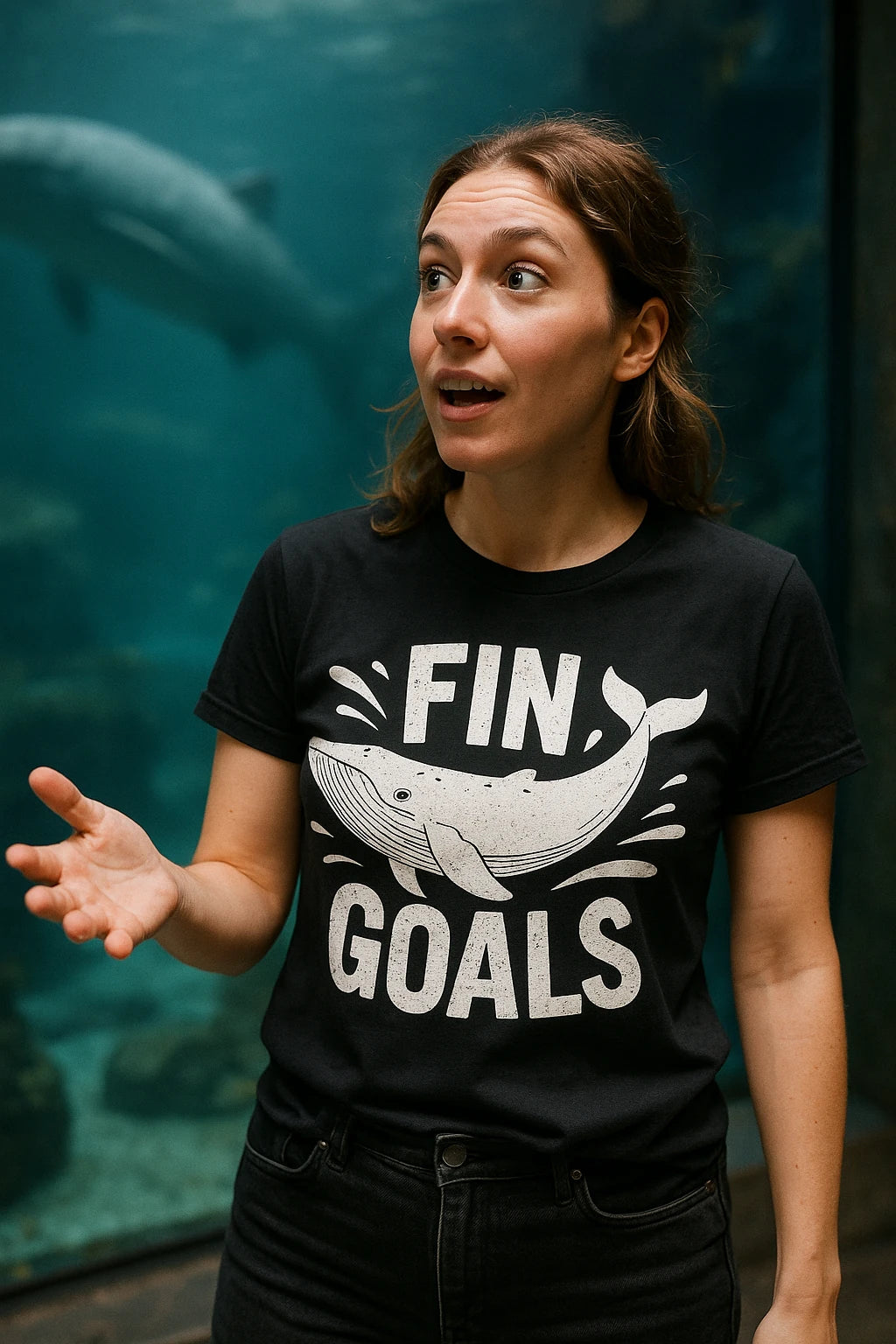 "Fin Goals" black killer whale t shirt, photographed as gift for whale lover