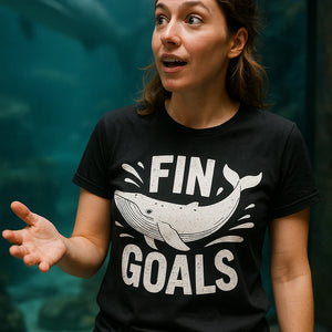 "Fin Goals" black killer whale t shirt, photographed as gift for whale lover