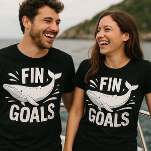 Person wearing the black killer whale t shirt graphic tee - "Fin Goals" design