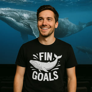 Lifestyle shot of the "Fin Goals" black killer whale t shirt in a real-world setting