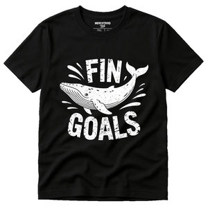 Black Killer Whale T Shirt - "Fin Goals" graphic tee with white print, flat lay product photo
