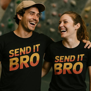 Person wearing the black rock climbing tees graphic tee - "Send It Bro" design