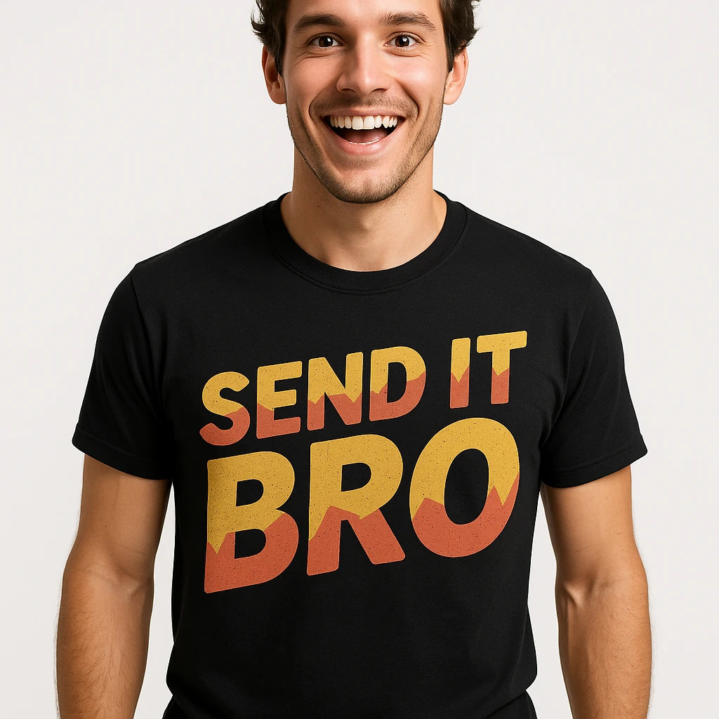 Close-up of the "Send It Bro" gold print on a premium Bella+Canvas black rock climbing tees