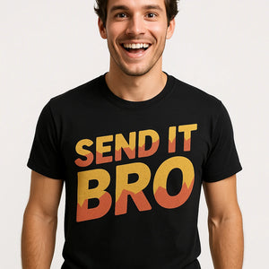 Close-up of the "Send It Bro" gold print on a premium Bella+Canvas black rock climbing tees