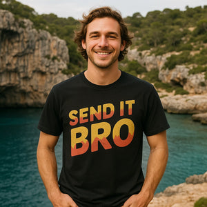 Lifestyle shot of the "Send It Bro" black rock climbing tees in a real-world setting