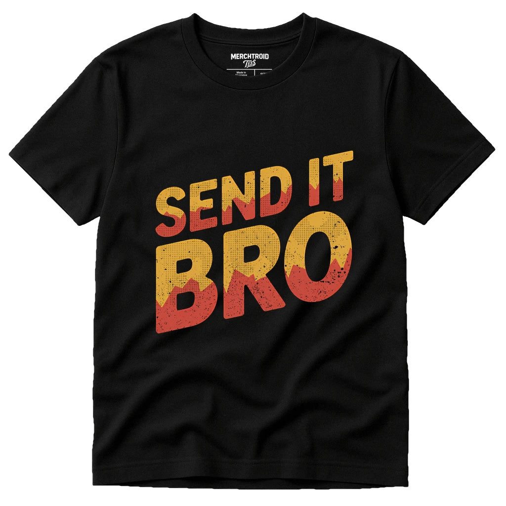 Black Rock Climbing Tees - "Send It Bro" graphic tee with gold print, flat lay product photo
