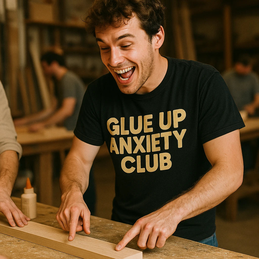 "Glue Up Anxiety Club" black woodworking t shirts funny - also one of the best gifts for woodworkers
