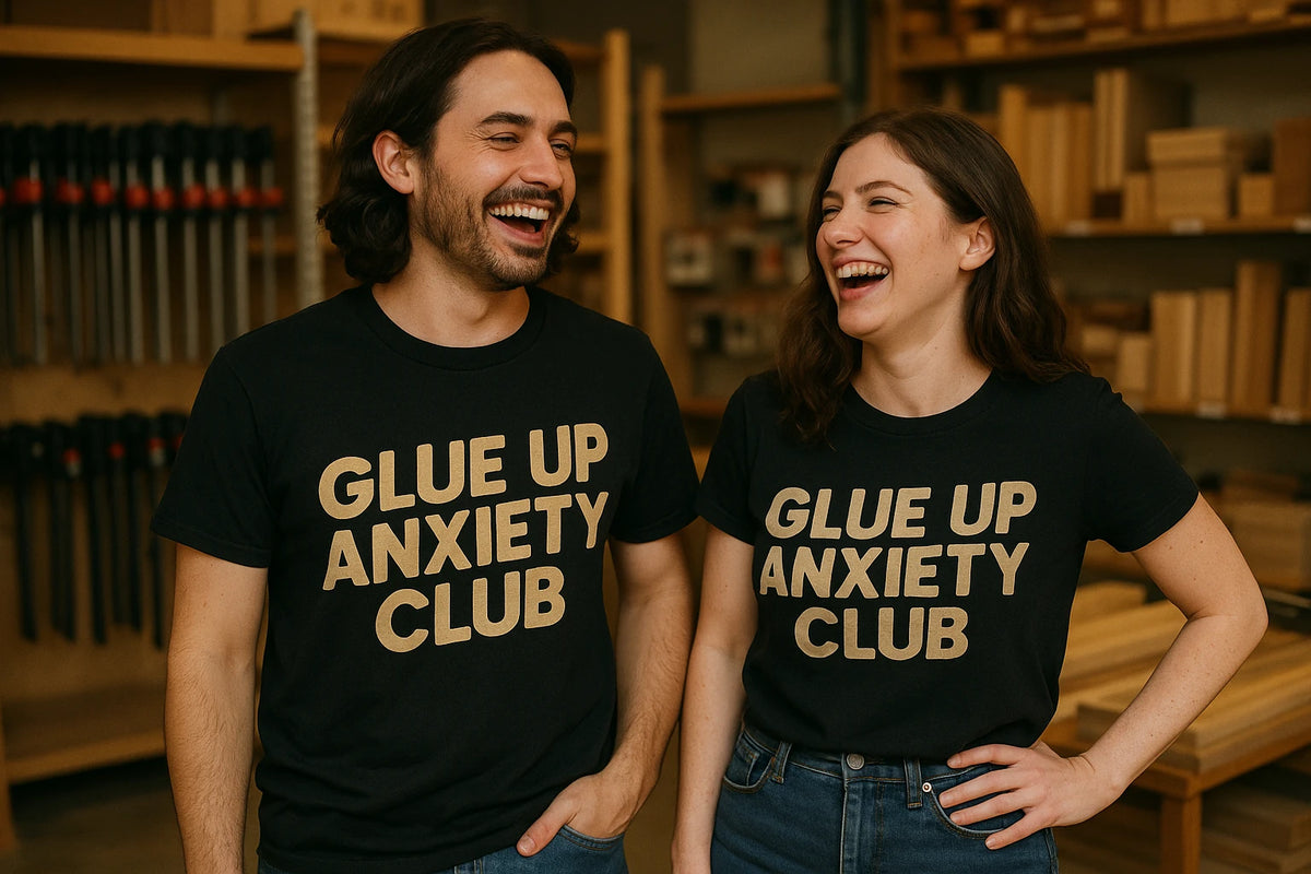 Person wearing the black woodworking t shirts funny graphic tee - "Glue Up Anxiety Club" design
