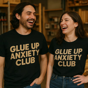 Person wearing the black woodworking t shirts funny graphic tee - "Glue Up Anxiety Club" design