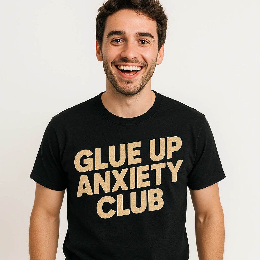 Close-up of the "Glue Up Anxiety Club" tan print on a premium Bella+Canvas black woodworking t shirts funny