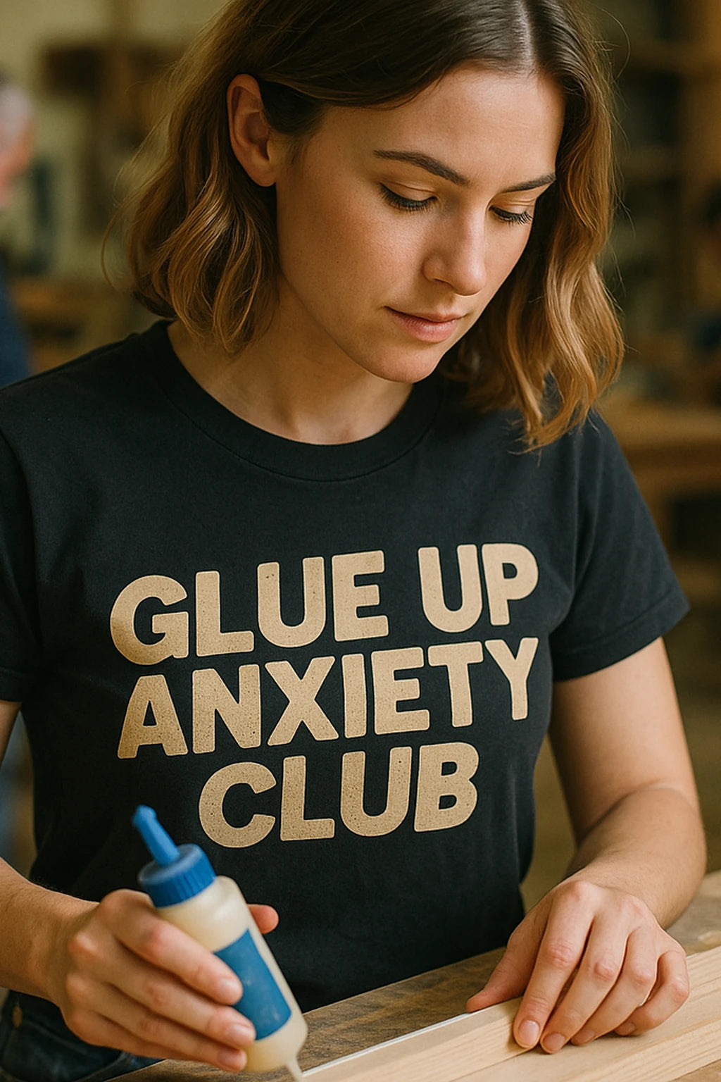"Glue Up Anxiety Club" black woodworking t shirts funny - also a woodworking gifts for men