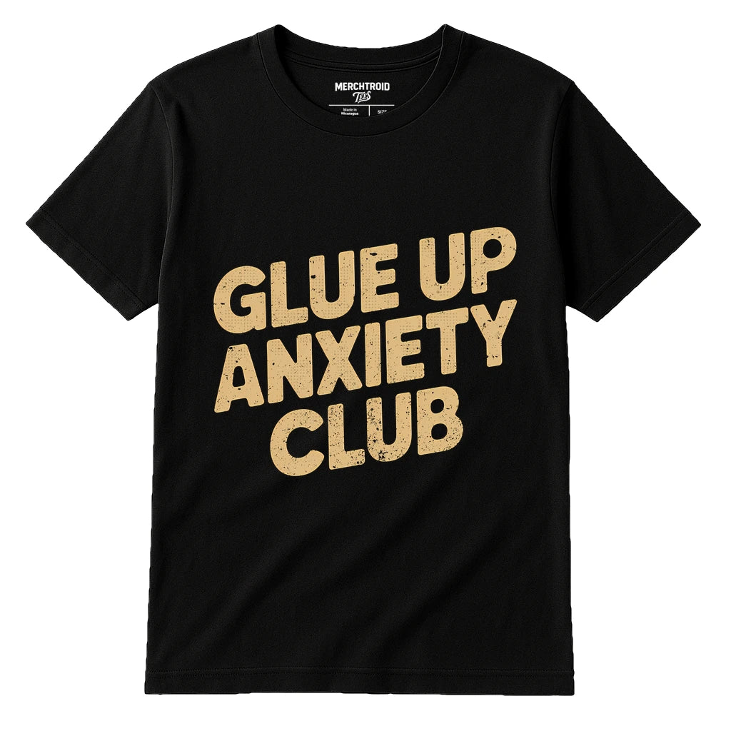 Black Woodworking T Shirts Funny - "Glue Up Anxiety Club" graphic tee with tan print, flat lay product photo