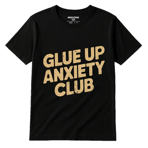 Black Woodworking T Shirts Funny - "Glue Up Anxiety Club" graphic tee with tan print, flat lay product photo