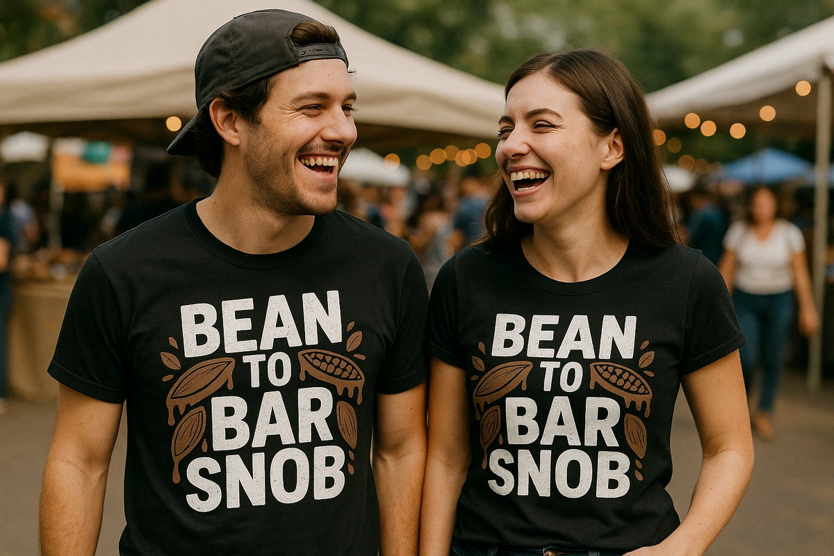 Person wearing the black chocolate t shirt graphic tee - "Bean To Bar Snob" design