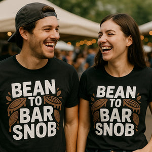 Person wearing the black chocolate t shirt graphic tee - "Bean To Bar Snob" design