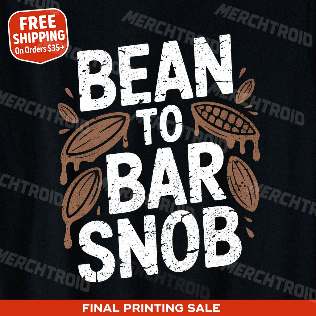 "Bean To Bar Snob" black chocolate t shirt, photographed as gift basket chocolate