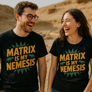 Person wearing the black paleontology shirts graphic tee - "Matrix Is My Nemesis" design