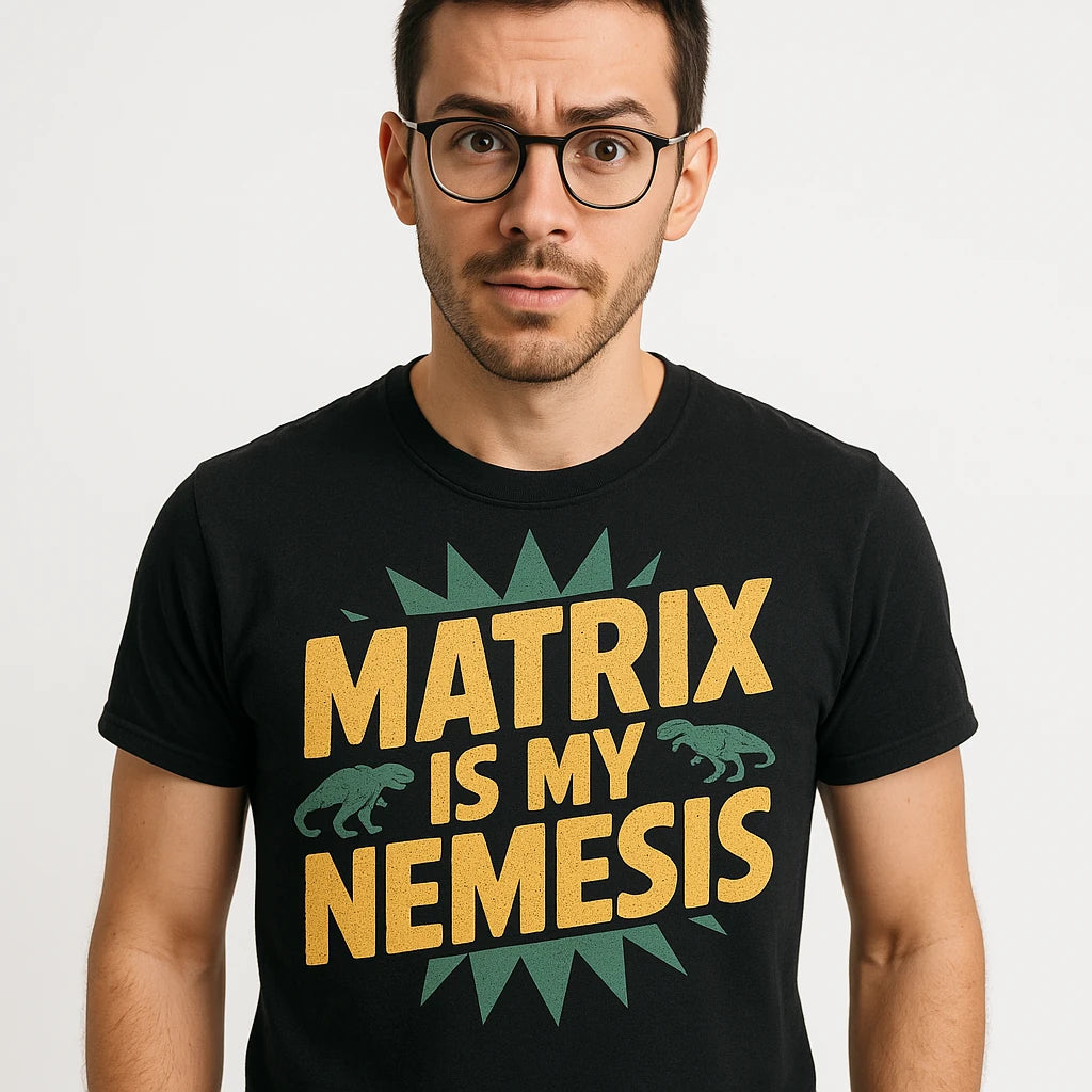 Close-up of the "Matrix Is My Nemesis" gold print on a premium Bella+Canvas black paleontology shirts