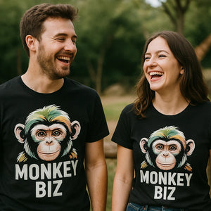 Person wearing the black zookeeper shirts graphic tee - "Monkey Biz" design