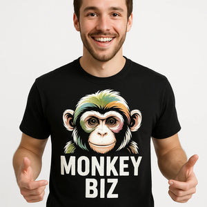 Close-up of the "Monkey Biz" white print on a premium Bella+Canvas black zookeeper shirts