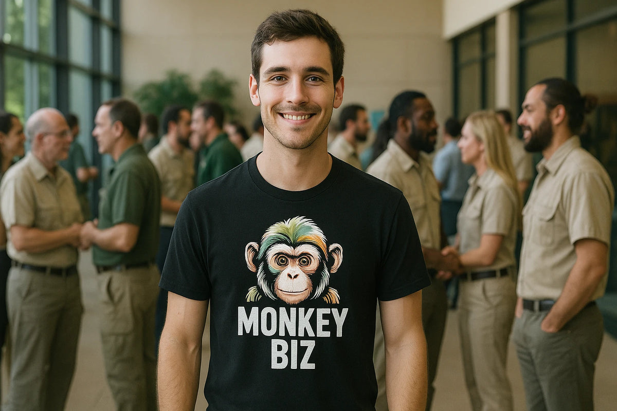 Lifestyle shot of the "Monkey Biz" black zookeeper shirts in a real-world setting
