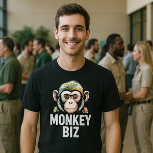 Lifestyle shot of the "Monkey Biz" black zookeeper shirts in a real-world setting