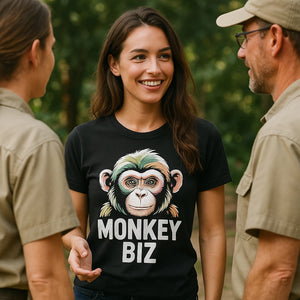 "Monkey Biz" black zookeeper shirts, photographed as zookeeper gift ideas
