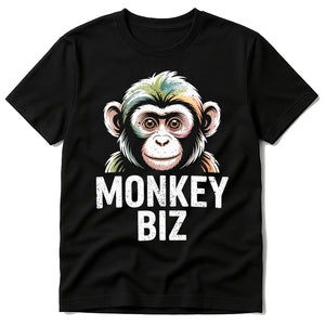 Black Zookeeper Shirts - "Monkey Biz" graphic tee with white print, flat lay product photo