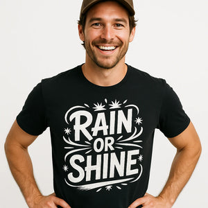 Close-up of the "Rain Or Shine" white print on a premium Bella+Canvas black storms t shirt