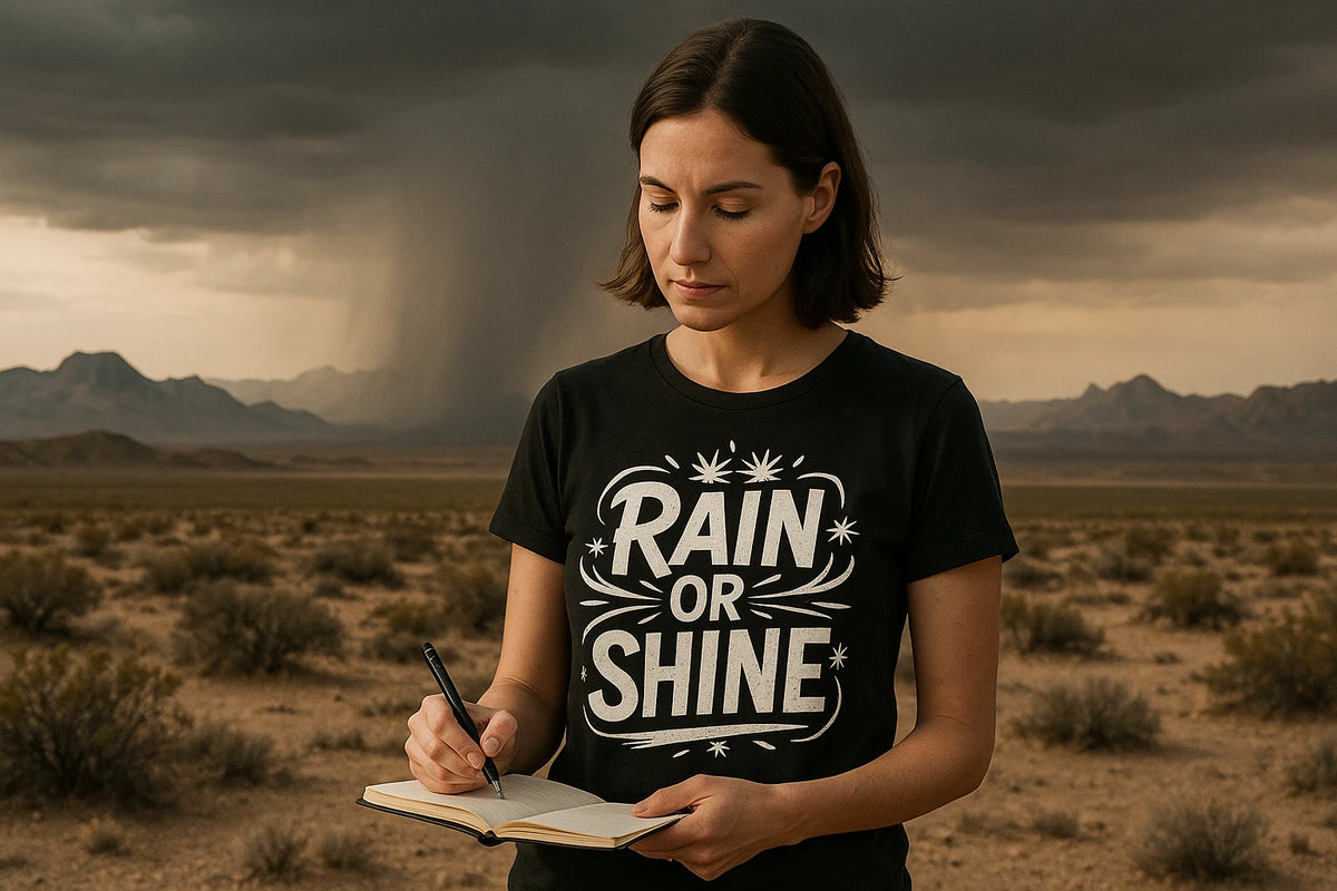 Lifestyle shot of the "Rain Or Shine" black storms t shirt in a real-world setting