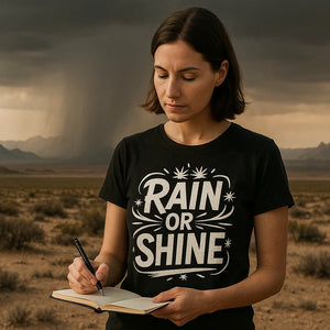 Lifestyle shot of the "Rain Or Shine" black storms t shirt in a real-world setting