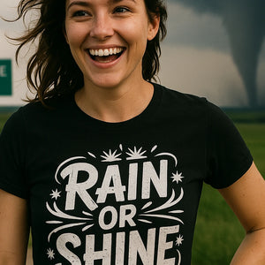 "Rain Or Shine" black storms t shirt, photographed as storms lover gift