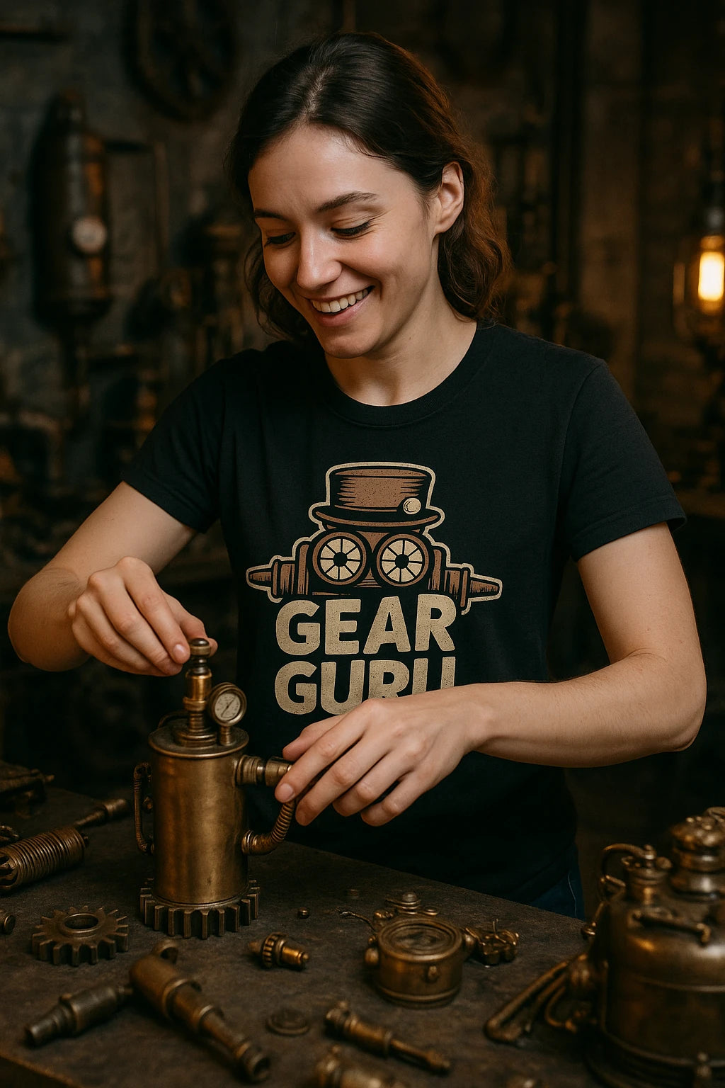 "Gear Guru" black steampunk t shirt - a birthday gift for steampunk lover