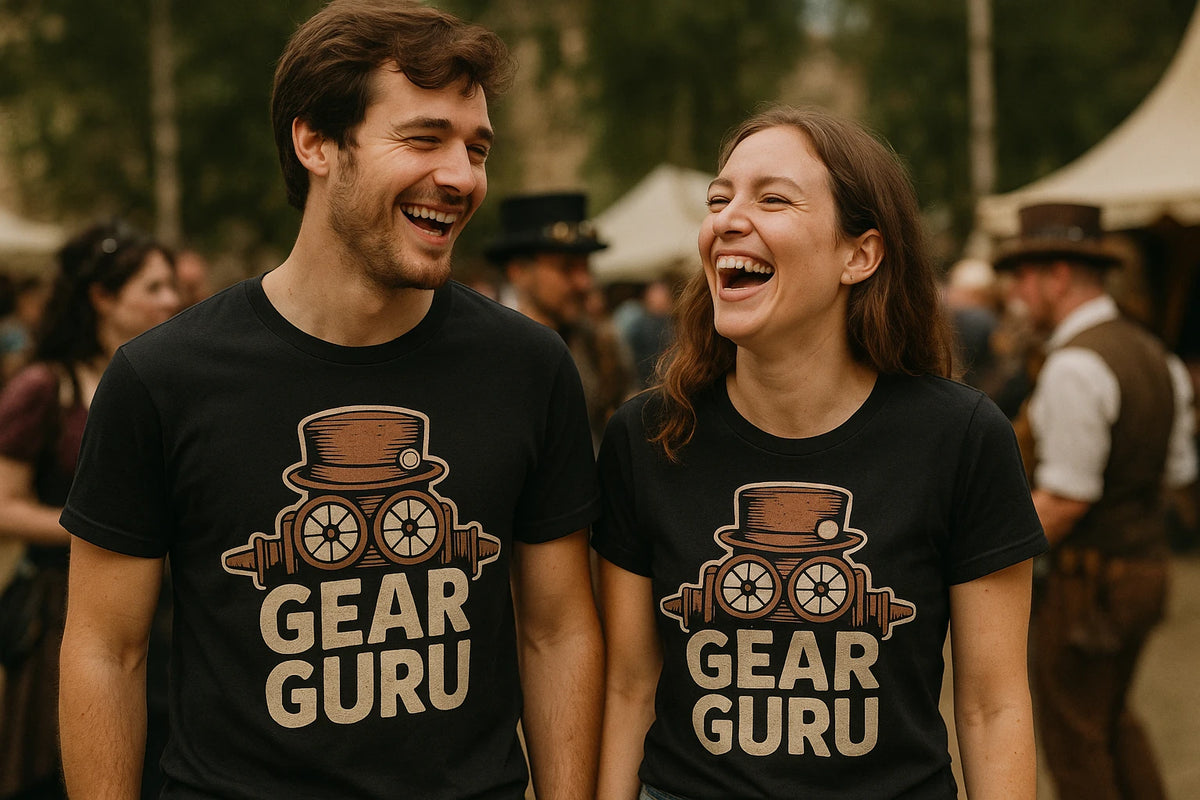 Person wearing the black steampunk t shirt graphic tee - "Gear Guru" design